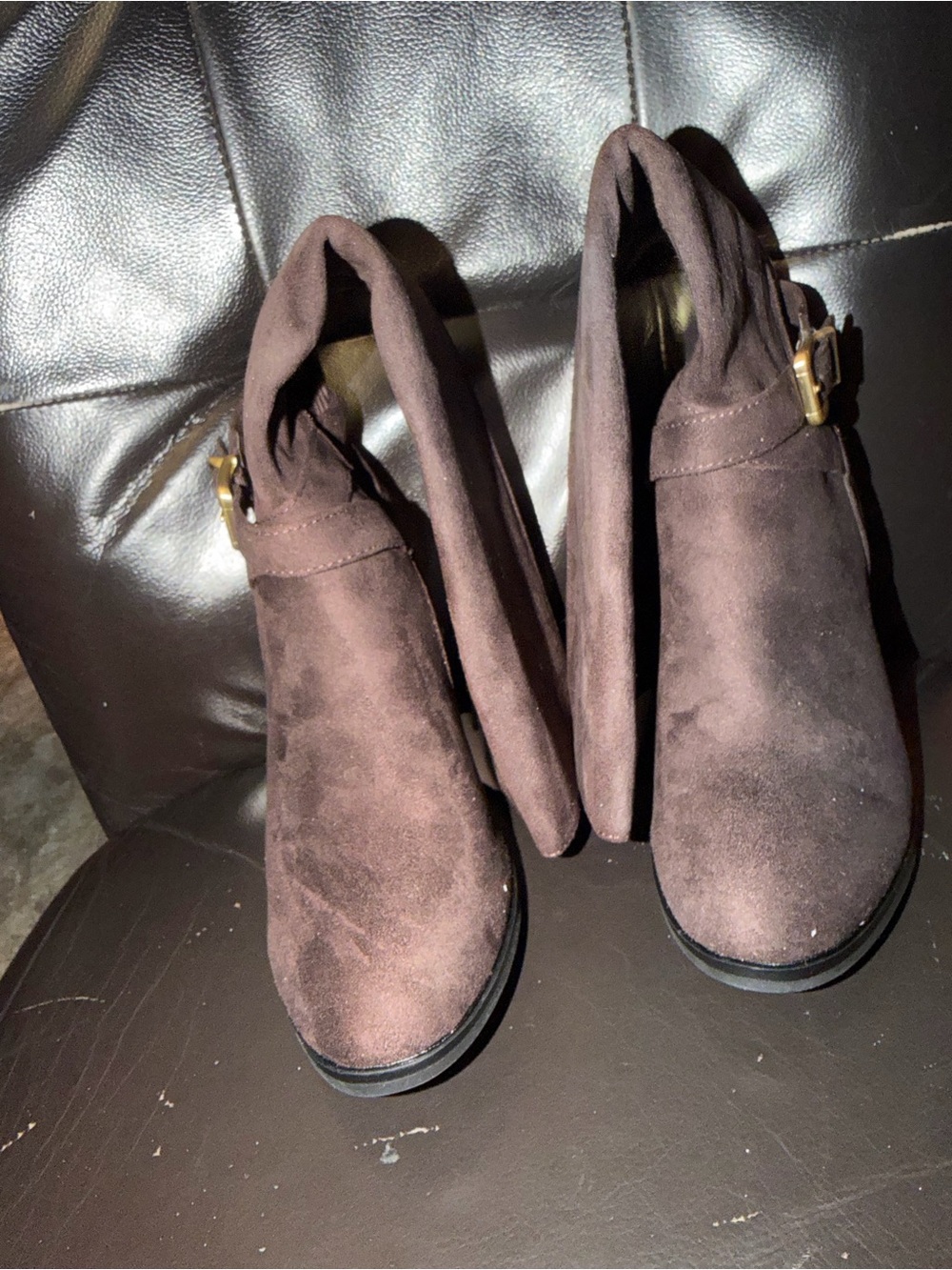Classic Brown Suede Mid-Calf Heeled Boots with Buckle Strap - Picture 3 of 6